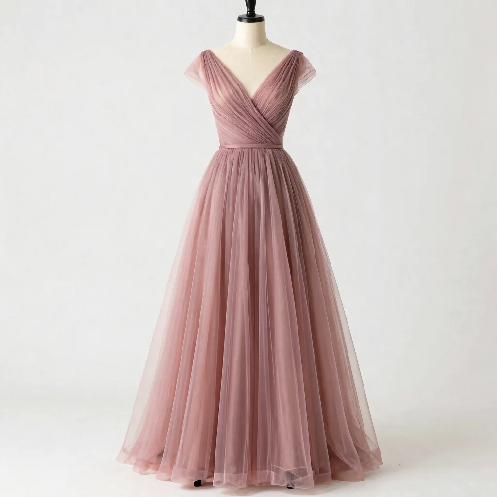 Vestido Longo Plissado Tule Rosê