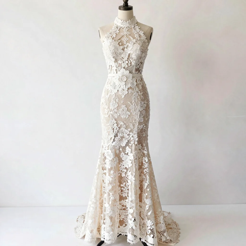 Vestido Sereia Modesto em Renda Off-White